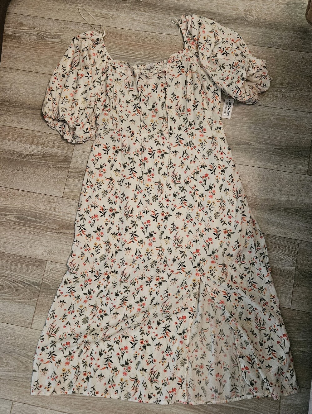Old Navy SZ L NWT Floral Prairie Midi Dress Puff Sleeve Shirred Back Front Slit - Picture 2 of 11